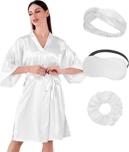 مجموعة أرواب كيمونو قصيرة حريرية من الساتان للسيدات مع قناع للعين ورباط شعر وحلقة شعر لحفلات الزفاف ورداء سبا in Kuwait