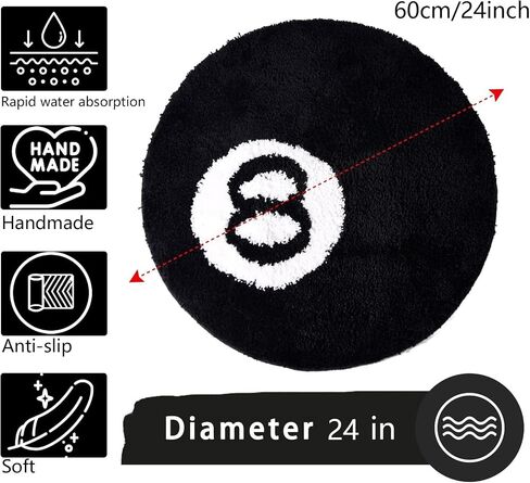 8 Ball Rug - 24 inch White & Black Trendy Rug - Cool Rugs and Aesthetic Rugs for Bedroom & Living Room -Non-Slip Flocking Floor Area Rug for Living Room Decor, Alt Room Decor Soft Doormat for Bedroom in Saudi Arabia