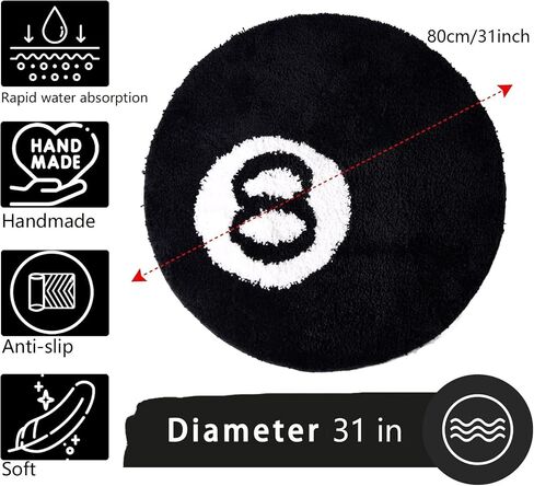 8 Ball Rug - 24 inch White & Black Trendy Rug - Cool Rugs and Aesthetic Rugs for Bedroom & Living Room -Non-Slip Flocking Floor Area Rug for Living Room Decor, Alt Room Decor Soft Doormat for Bedroom in Saudi Arabia