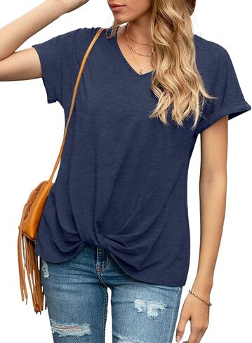 Anbech Twist Knot Tops for Women Solid Color V-Neck Round Neck T Shirt Casual Short Sleeves Tunic Tees in Saudi Arabia