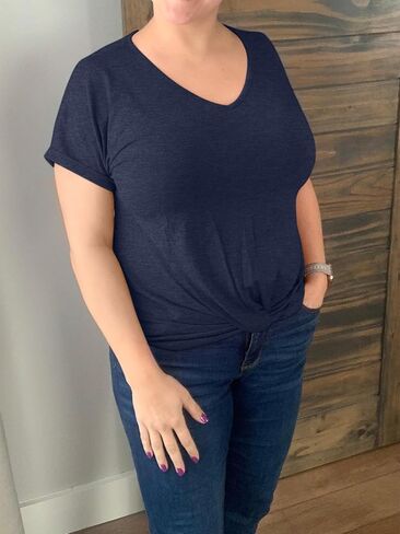Anbech Twist Knot Tops for Women Solid Color V-Neck Round Neck T Shirt Casual Short Sleeves Tunic Tees in Saudi Arabia