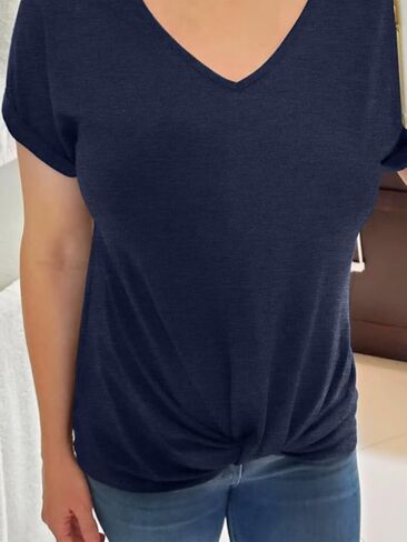 Anbech Twist Knot Tops for Women Solid Color V-Neck Round Neck T Shirt Casual Short Sleeves Tunic Tees in Saudi Arabia