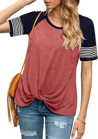 Anbech Twist Knot Tops for Women Solid Color V-Neck Round Neck T Shirt Casual Short Sleeves Tunic Tees in Saudi Arabia