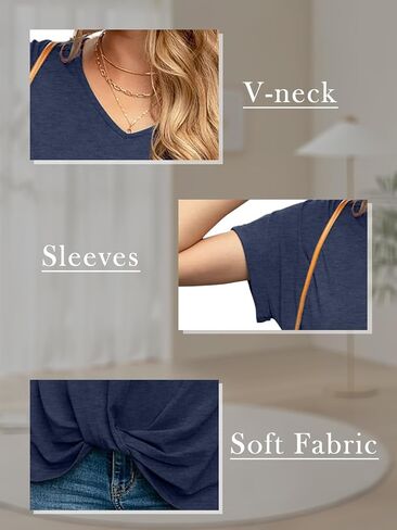 Anbech Twist Knot Tops for Women Solid Color V-Neck Round Neck T Shirt Casual Short Sleeves Tunic Tees in Saudi Arabia