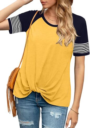 Anbech Twist Knot Tops for Women Solid Color V-Neck Round Neck T Shirt Casual Short Sleeves Tunic Tees in Saudi Arabia