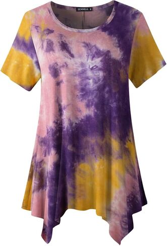 ZENNILO Womens Plus Size Casual Tunic Tops Summer Short Sleeve Shirts for Women Flowy Hankerchief Hemline in Kuwait