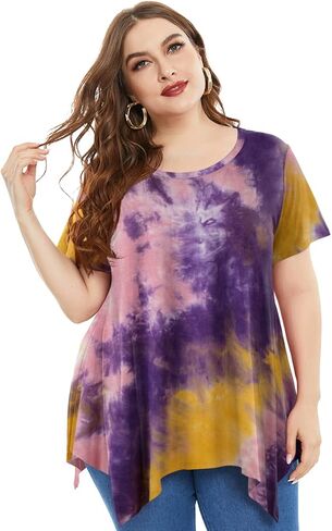 ZENNILO Womens Plus Size Casual Tunic Tops Summer Short Sleeve Shirts for Women Flowy Hankerchief Hemline in Kuwait