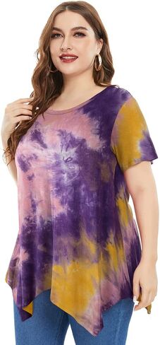 ZENNILO Womens Plus Size Casual Tunic Tops Summer Short Sleeve Shirts for Women Flowy Hankerchief Hemline in Kuwait