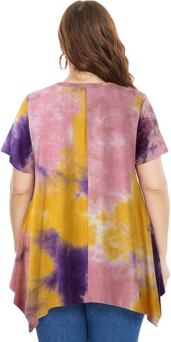 ZENNILO Womens Plus Size Casual Tunic Tops Summer Short Sleeve Shirts for Women Flowy Hankerchief Hemline in Kuwait