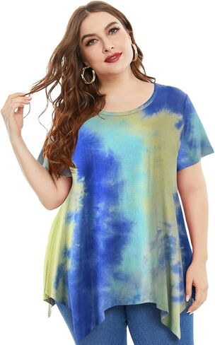 ZENNILO Womens Plus Size Casual Tunic Tops Summer Short Sleeve Shirts for Women Flowy Hankerchief Hemline in Kuwait