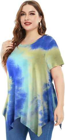 ZENNILO Womens Plus Size Casual Tunic Tops Summer Short Sleeve Shirts for Women Flowy Hankerchief Hemline in Kuwait