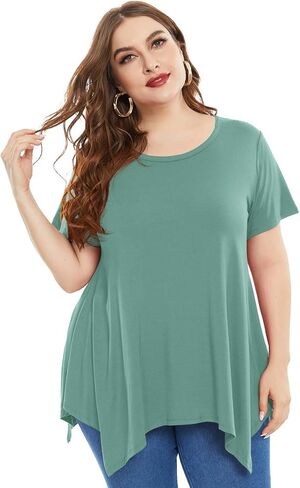 ZENNILO Womens Plus Size Casual Tunic Tops Summer Short Sleeve Shirts for Women Flowy Hankerchief Hemline in Kuwait