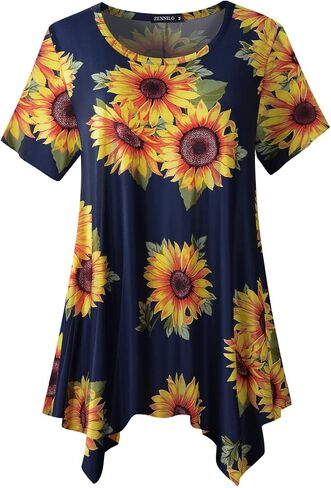 ZENNILO Womens Plus Size Casual Tunic Tops Summer Short Sleeve Shirts for Women Flowy Hankerchief Hemline in Kuwait