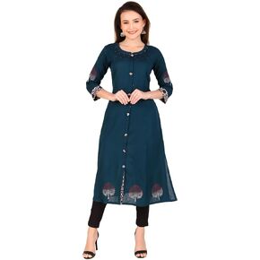 ladyline Cotton Ethnic Printed Long Kurta Tunic Block Print Kantha Handwork Kurti Front Slit