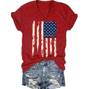 4th of July V Neck Patriotic T-Shirts Women American Flag Print Faith Family Freedom Letter Casual Short Sleeve Tee Tops