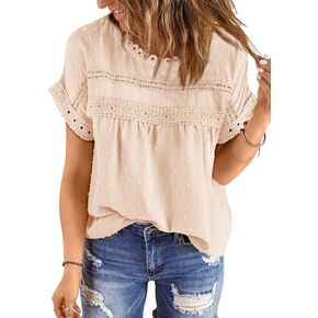 Women's Shirts Summer Casual Crewneck Lace Crochet Short Sleeve Blouses Pom Pom Swiss Dots Chiffon Tunic Tops