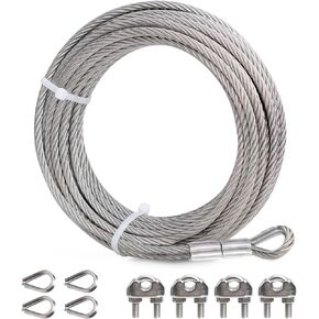 DOEWORKS Wire Rope 1/4" Stainless Steel Cable, 50ft 7 X 19 Strands,Steel Aircraft Cable with Loops, Wire Rope Clip, Thimble, for Yard Zipline, Boat Lifts, Deck Railing