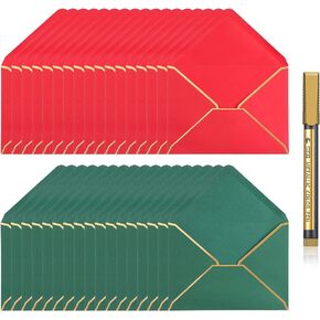 Chinco 100 Pieces 5 x 7 Inch Christmas Red Green Envelopes Bulk Old Border Xmas Letter Self Adhesive V Flap Envelopes Gold Oil Based Marker for Holiday Invitations, Note Cards