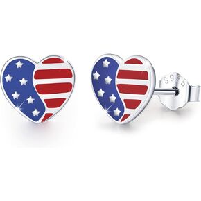 USA American Flag Earrings Patriotic Earrings 4th of July Earrings 925 Sterling Silver Red White Blue Heart Stud Earrings Independence Day Jewelry for Patriot Women Men