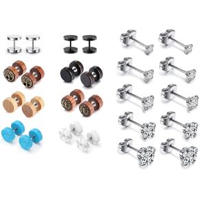 Jovivi Bundle - 2 Items 8 Pairs 18G/16G Wood Faux Gauges Earrings + 5 Pairs 20G Hypoallergenic Round Clear Cubic Zirconia Stud Earrings