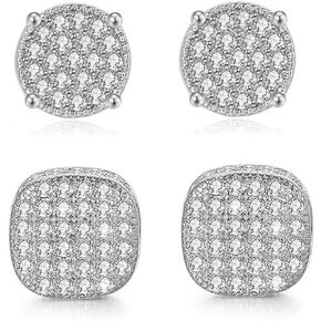 Gold Earrings for Men, Cubic Zirconia Stud Earrings for Women, Round Square Hypoallergenic Earrings,14K Gold Plated Earrings Set for Hip Hop Boy
