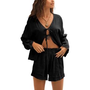2 Piece Outfits For Women Long Sleeve Lace up Shirts Short Sets Summer Lounge Matching Sets with Pockets