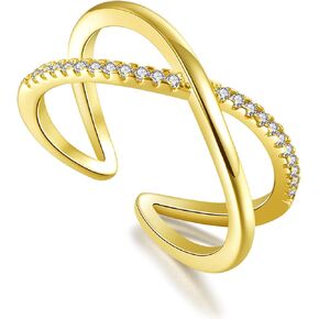 خاتم X Twist Eternity المفتوح للنساء، خاتم إصبع متقاطع مطلي بالذهب عيار 14 قيراط مرصع بالزركونيا المكعبة من الألماس إلى الأبد لحفلات الزفاف وعيد الحب. in Saudi Arabia