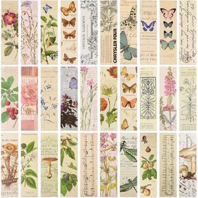 30 Pcs Vintage Bookmarks Aesthetic Cute Pretty Paper Bookmarks for Book Lovers Butterfly Flower Plant Bookmark for Women Elegant Pattern Book Markers for Reading Fantasy Natural Style Book Accessories