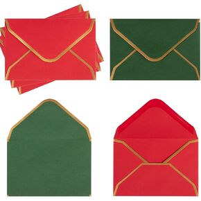 100 Pieces Mini Christmas Envelopes V Flap Small Envelopes with Gold Border for Blank Note Cards, Business Gift Cards (Red/Dark Green) (4 x 2.7 Inches)