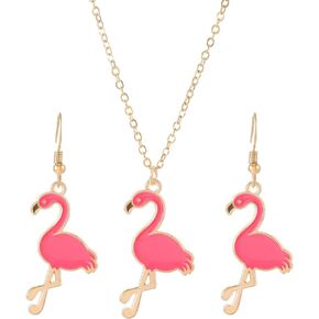 Cute Pink Flamingo Dangle Drop Earrings Hawaiian Tropical Animal Bird Earrings Necklace Jewelry Set Bohemian Summer Beach Jewelry Gifts