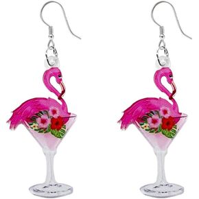Cute Wine Glass Flamingo Flower Pink Dangle Drop Earrings for Women Teen Girls Dainty Lightweight Acrylic Animal Hook Statement Dangling Hanging Hypoallergenic Fashion Jewelry Party Valentine's Day