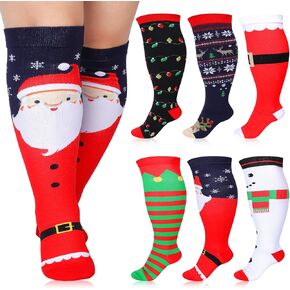 6 Pairs Christmas Plus Size Compression Socks Wide Calf for Women Men 20-30 Mmhg Extra Wide Knee High Support Socks