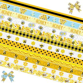12 PCS Happy Bee Day Ribbons for Crafting, 3/8" Width Grosgrain Ribbon First Birthday Ribbon Yellow Honey Bee Craft Ribbons for Baby Shower Birthday Sewing DIY Crafts Supplies
