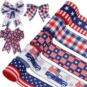 AnyDesign 30 Yards Patriotic Wired Edge Ribbon American Flag Stars Stripes Truck Craft Ribbon 4th of July Fabric Ribbon for Independence Day Memorial Day Wreath Bow Making DIY Crafts Wrapping, 5 Roll
