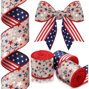 XunYee 3 Rolls Patriotic Ribbons American Flag Double Sided Star Striped Wired Ribbon Red Blue White Ribbons for Memorial Day 4th of July Independence Day Bow DIY Crafts 2.5 x 5 Yards(Retro Flag)