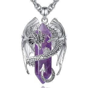 INFUSEU Dragon Necklaces with Healing Crystal Stone for Men Women, Unique Personalized Spiritual Gifts, 22+2 Inch Chain