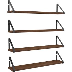 Wallniture Ponza Floating Shelves for Wall, 24" Rustic Wood Wall Shelves for Bedroom Decor, Living Room Book Shelves, Kitchen Organization Walnut Set of 4