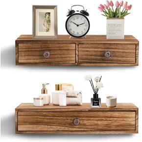 Yesland 2 Packs Floating Nightstand with Drawer - Rustic Wood Floating Wall Mounted Drawers Floating Shelf with Drawer for Living Room, Bedroom, Storage, Display - Yellowish Brown