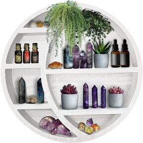 Wooden Crescent Moon Shelf Wall Decor - Decorative Boho Home Hanging Display Shelf for Bedroom, Dorm, Nursery - Easy Mount Storage for Crystals and Essential Oils - 14 x 14 x 3.5 (Brown)