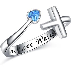 Sterling Silver True Love Waits Heart Cross Ring Blue Purple CZ Adjustable Ring Jewelry Gift for Women Girls