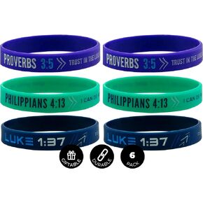 Inkstone Faith Wristbands, Ladies' Size (6-pack) - Philippians 4:13, Luke 1:37, & Proverbs 3:5 Silicone Bracelets for Women