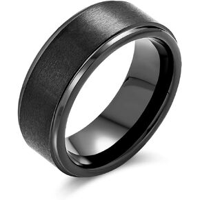 Personalize Customizable Wide Polished Beveled Edge Brushed Satin Matte Couples Titanium Black or Silver Gold Tone Wedding Band Ring For Men Comfort Fit 8MM