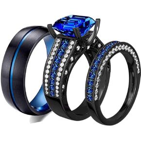 ringheart 2 Rings Luxury Couple Rings Black Gold Filled Princess cut Blue Cz Womens Wedding Ring Sets Man Tungsten Wedding Band (please buy two rings for one pair)