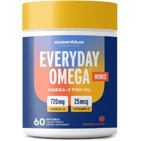 Oceanblue Essentials Everyday Omega Minis – 180ct – Burpless Fish Oil with Vitamin D3 – for Heart and Immune Support – Easy to Swallow Mini Softgels – Tasty Orange Flavor – 3 Month Supply