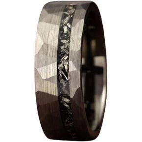 Gentlemen's Bands Men's Premium Silver Tungsten Hammered Wedding Band with Real Meteorite Inlay | Wedding Ring Is Ideal Gift | Package Includes Silicon Band, Walnut Ring Box, Leather Pouch