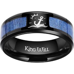King Will 8mm Black Titanium Ring Wood/Blue Opal Inlaid Laser Tree/Diver Wedding Ring High Polished for Women Men Beveled Polished Edge