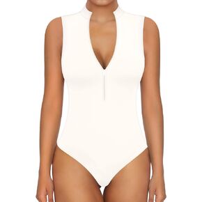 Sleeveless BodySuit Mock Turtle Neck Zip Up Bodysuits for Women Deep V Sexy Stretchy Tops T Shirts.