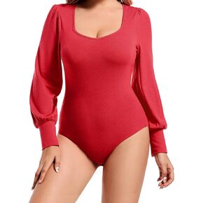Aranmei Women's Square Neck Puff Sleeve Bodysuit, Stylish Long Sleeve Solid Top for Dressy Casual and Office Wear