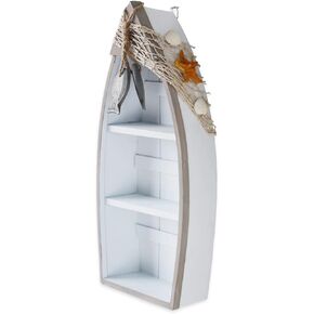 2-Shelf Wood Boat Shelf, Nautical Decor with Fishing Net, Starfish, Seashells - Wall Mount or Tabletop Display - Beach Themed Home Decor, White, 6.7x3x16.5 Inch