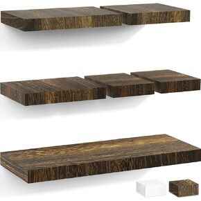 Brown Floating Shelves Wall Mounted Set of 6, 5 Sizes Wood Wall Corner Shelves, Hanging Book Shelf with Invisible Bracket for Display Pictures Plants Study Office Wall Storage and Decoration